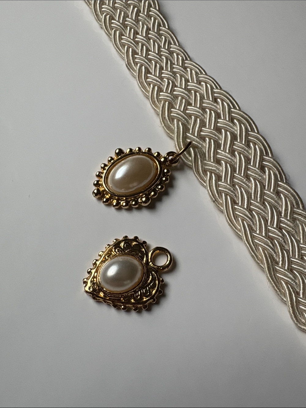 Vintage Gold Pearl Choker Necklace Woven Braided Lace Interchangeable Heart Oval